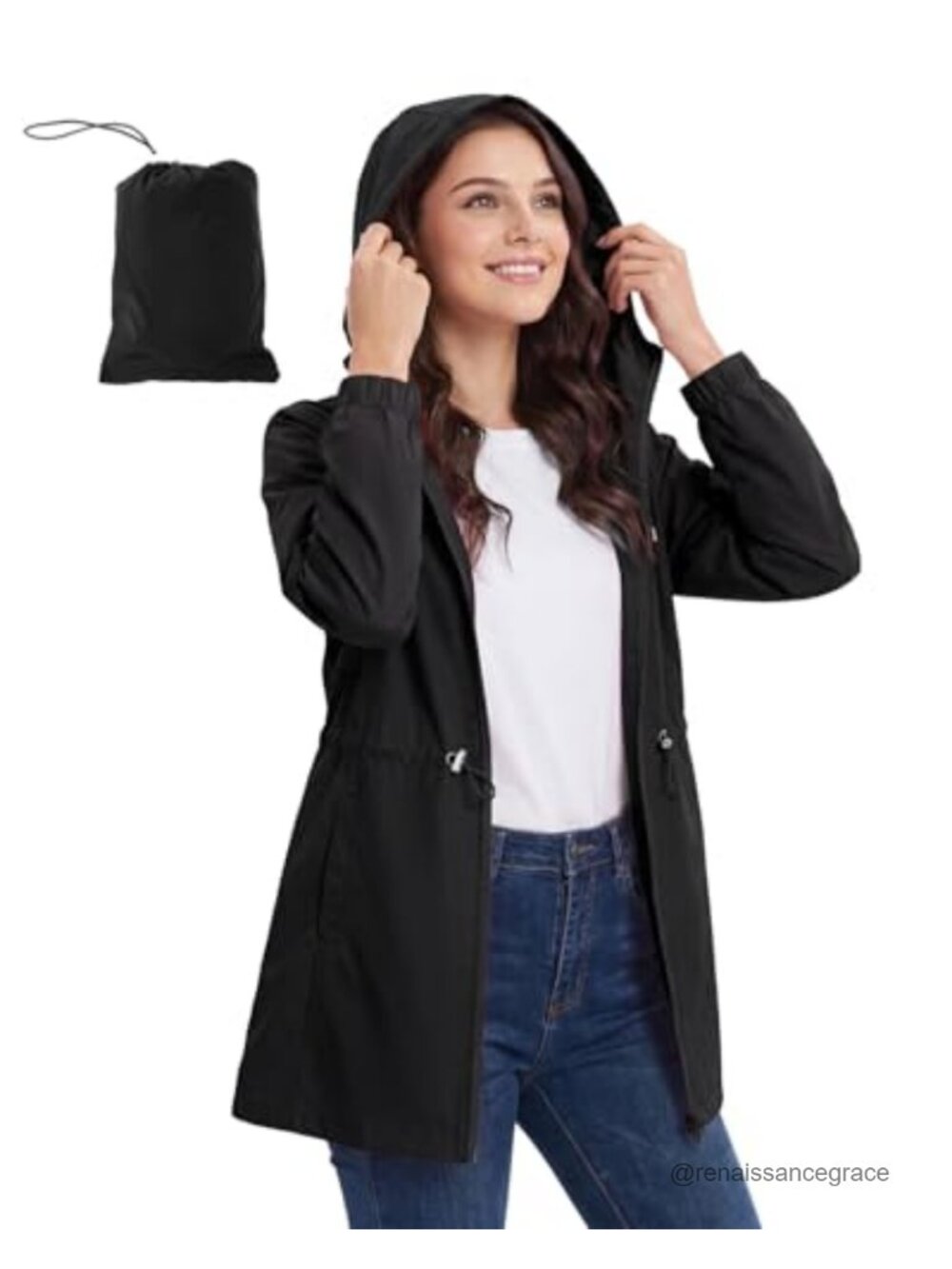 Century Star Packable Waterproof Rain Jacket Hooded Trench Coat Womens